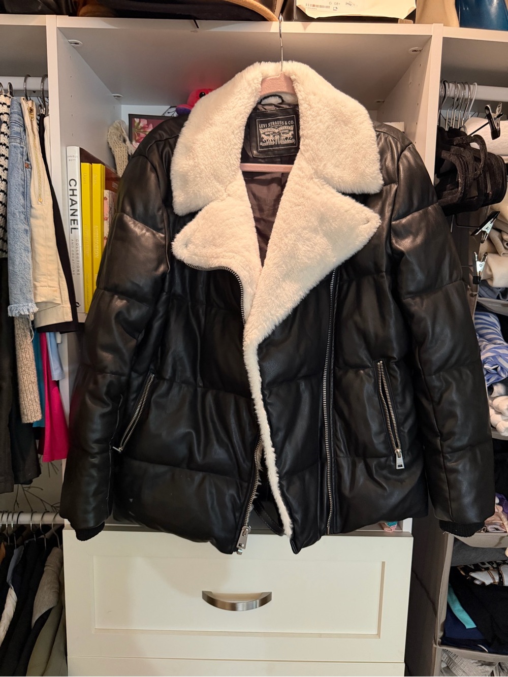 Levi's Black Faux Leather Puffer Jacket with Cream Sherpa Collar